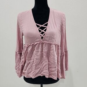 Dusty Rose V-Neck Crisscross Women's Top With Bell Sleeves